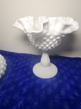 Fenton White Hobnail Ruffled Pedestal Compote